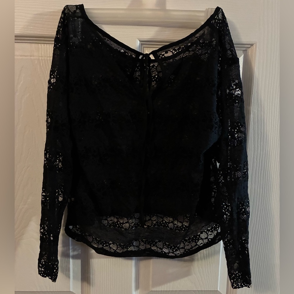 Black Lace Mesh Double Layered Long Sleeve Blouse with Stylish Tie